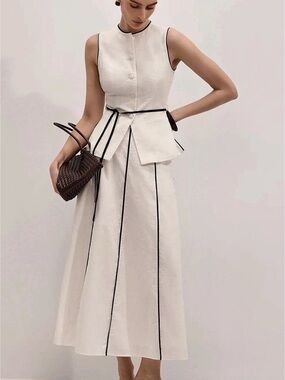 Commense Semi-Sheer Cotton Linen Contrast Piping Top Maxi Skirt Set - XL
